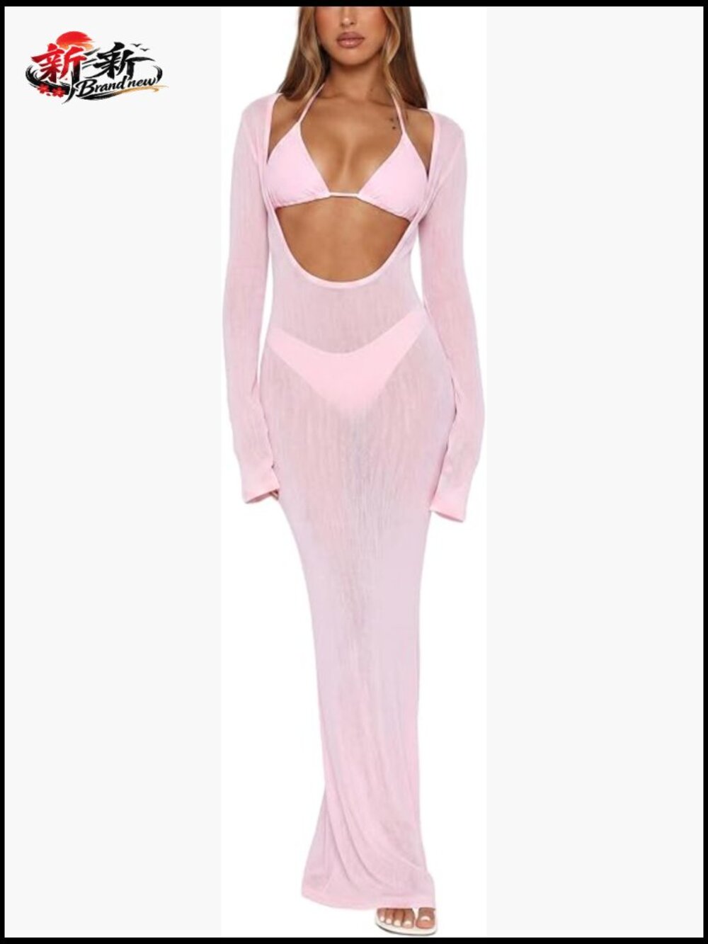 Women's 3 Piece Swimsuit Set Bikini with Sheer Cover Up Maxi Dress Halter High